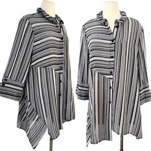 IC by Connie K Button-Up Asymmetrical Hem Top Tunic Black White Stripe | 1X